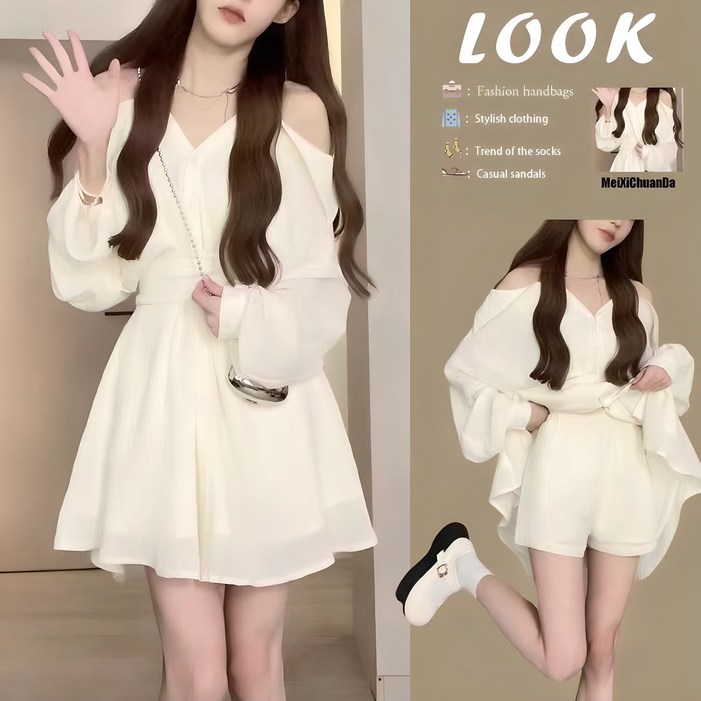 루나모드 오프숄더 디자인 여름용 블라우스 숏팬츠 내장 원피스 세트K0064