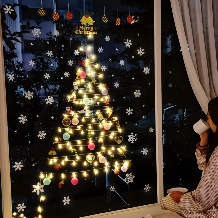 제이토리 크리스마스 벽트리 세트 50구 100구 앵두전구 코튼볼 창문 트리 전구 조명 눈꽃 스티커 장식 용품 리모컨 USB 건전지 혼용 벽트리도안