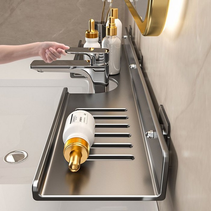 SEVOREN 수전 정리대 무타공 거치대 탄소강 세면대 물빠짐 선반 다용도 욕실 선반