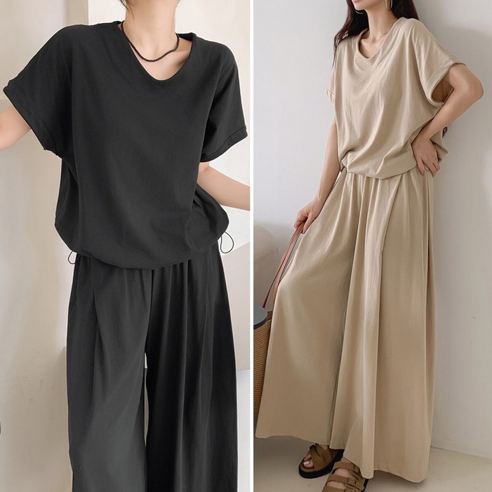 러브포텐 여성 빅사이즈 여름 브이넥 트레이닝복세트 오버핏 무지 브이넥 카브라 스트링 반팔티 와이드 롱치마바지 투피스세트