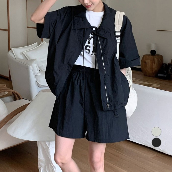 아피나르 여성용 바스락 반팔 집업 바람막이 반바지 세트