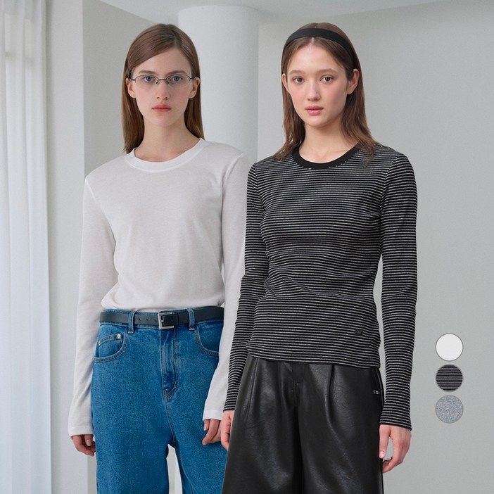 쥬시쥬디 여성용 라운드넥 골지 티셔츠 2종 세트 JZTS026E