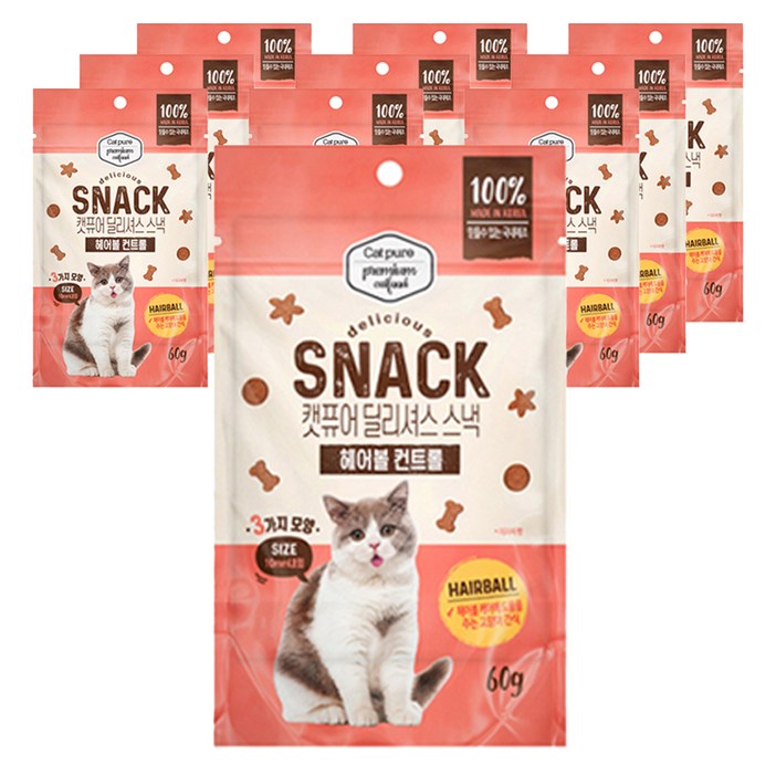 캣퓨어 고양이 딜리셔스 스낵, 10개, 60g, 헤어볼 컨트롤