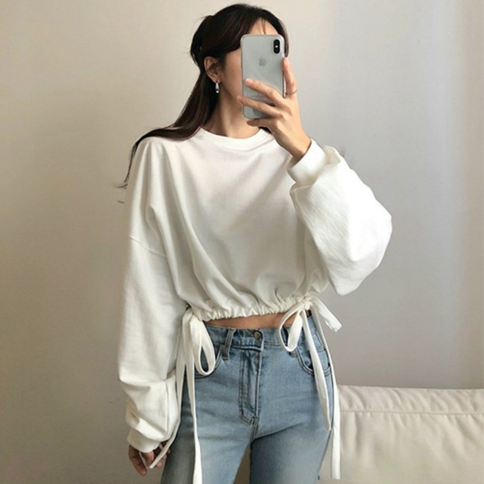 듀오리본크롭맨투맨 빅사이즈 오버핏 라운드 긴팔 데일리룩 여성용 박스티 봄 가을 신상