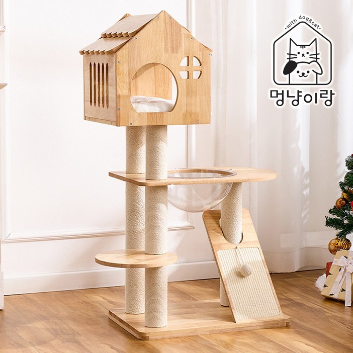 멍냥이랑 원목 캣타워 캣폴 스크래쳐, 1개, 하우스 3단 캣타워
