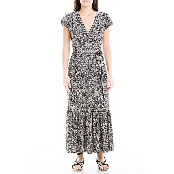 Max Studio 여성용 반소매 미디 크레이프 저지 랩 드레스, 블랙블러쉬 아이리스 컬