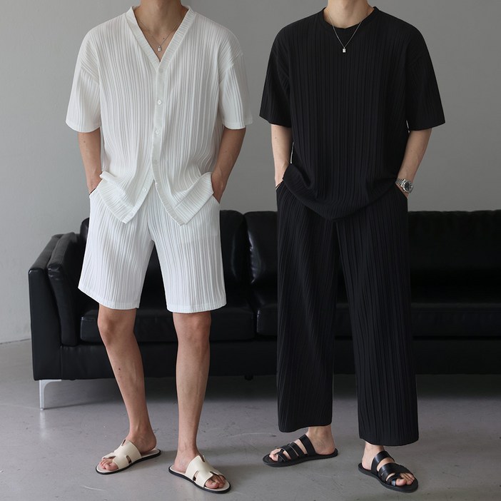 [SET]베이직바이블 여름 플리츠 셋업 반팔 긴팔 가디건 반바지 조거 와이드 팬츠 세트(2color)