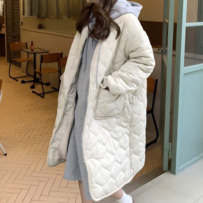 네모엔룩 여성용 롱웨이브퀼팅 안감인조털 패딩 자켓