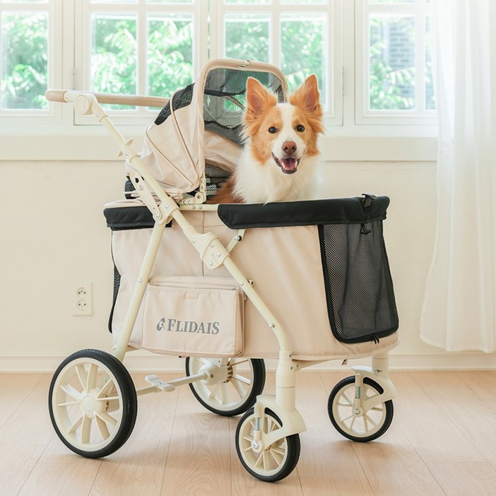 플리다스 일체형웨건형 원터치 강아지 유모차 애견 반려견 개모차, 모카베이지