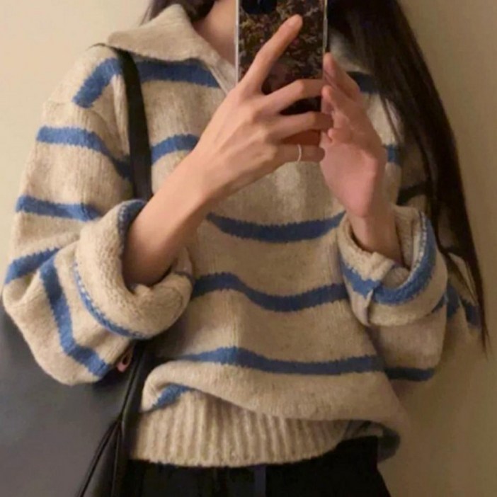 LUNBELLA여성 오픈 카라 니트 스웨터 긴팔 단가라 도톰 간절기 데일리