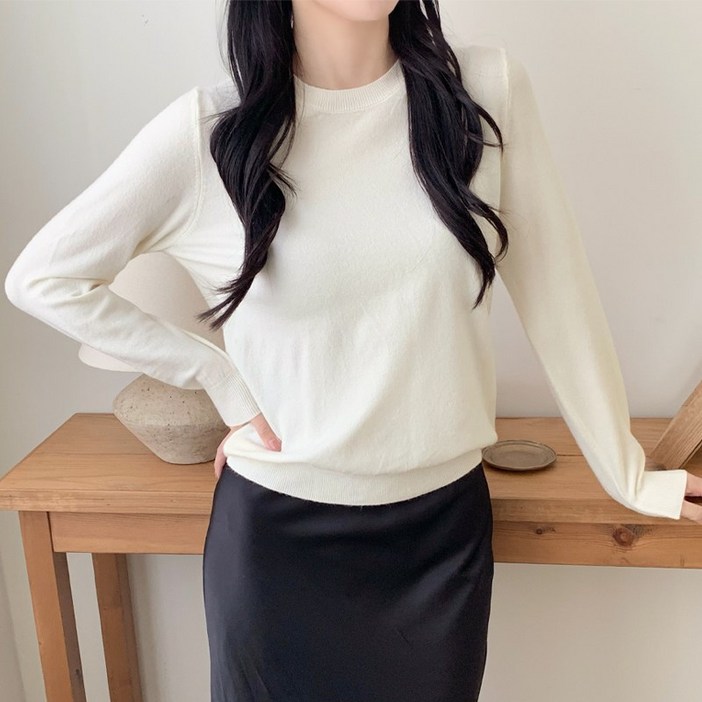 허블리 여성 부드러운 베이직 라운드넥 긴팔 니트티