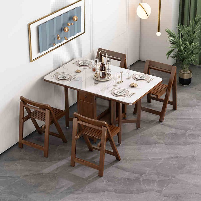 베리아므 접이식 공간활용 이동식 원목식탁 테이블 의자 세트 레트로, 4인용, 화이트상판 월넛