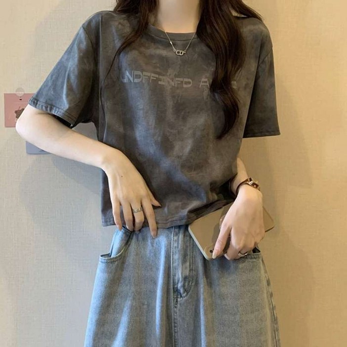 더벨러리 여성 피그먼트 워싱 반팔 티셔츠 BCT5022 물나염 레터링 캐주얼