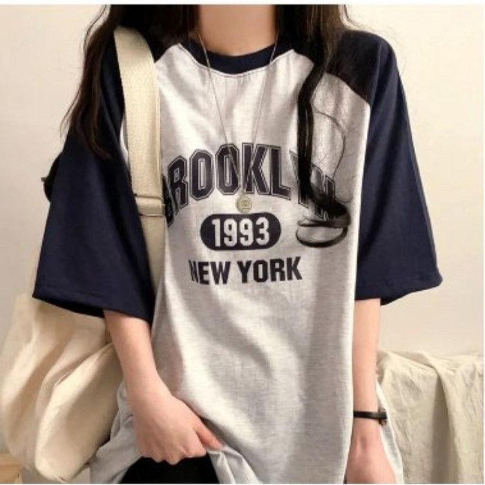 나인테일 여름 여성 캐주얼 브룩클린 나그랑 배색 박시한 오버핏 라운드넥 반팔티 4컬러