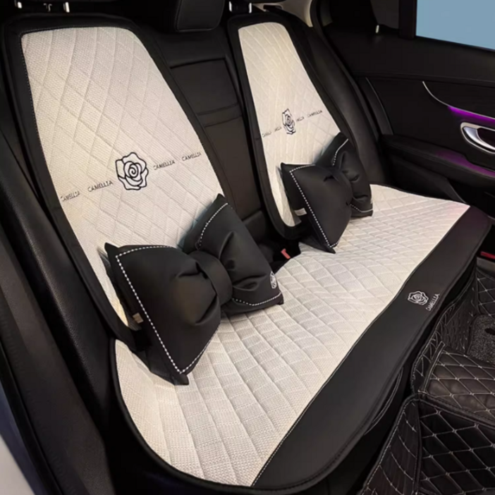 파파무니 자동차 린넨 사계절용 통풍 리본 시트커버 쿠션 방석 세트, 화이트 뒷좌석1세트, 1개
