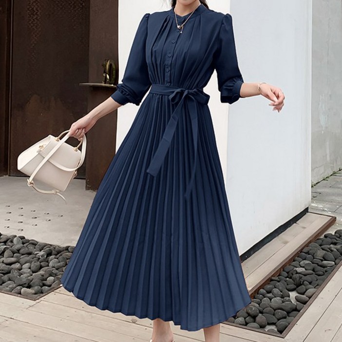 미화부장 여성 고급 롱원피스 주름 치마 결혼식 하객룩