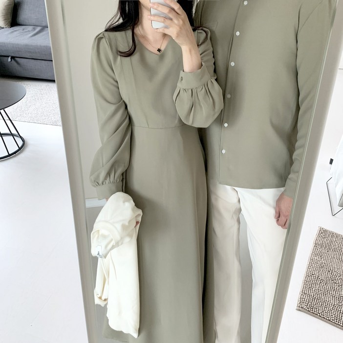 당일발송자체제작 밀라노 연카키 브이넥 롱 원피스 셔츠 커플룩 시밀러룩