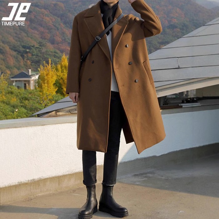 루즈핏 트렌치 코트 남성용 가을과 겨울 주름 방지 미디 모직 코트캐주얼하고 편안한 모직 코트