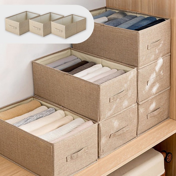 디모어 린넨 의류 옷 수납정리 패브릭 정리박스, 3개, 카키베이지