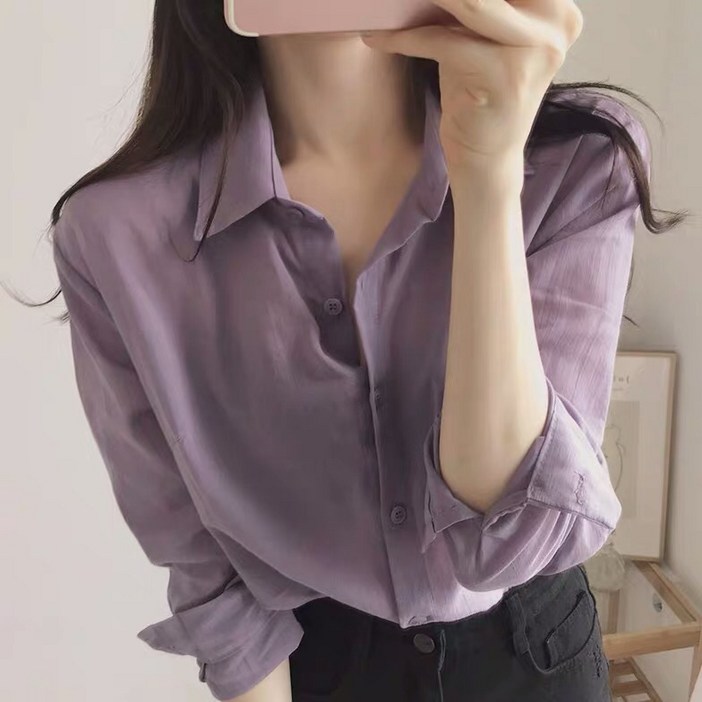 SMALELCC 작은 여름 여성 퍼플 블라우스 자외선 차단부드러운 오피스 셔츠