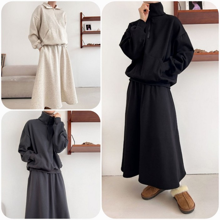 55~88]러브포텐 여성 빅사이즈 기모 스커트 투피스세트 아노락 반집업 치마 트레이닝세트