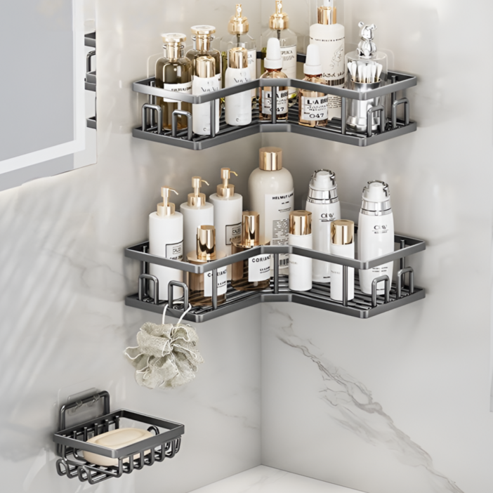 유앤아이 코너형 욕실선반 무타공 정리대, 3개 세트, 블랙