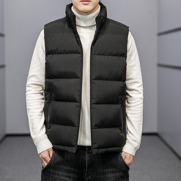 POMTOR 봄가을 남성 캐주얼 민소매 스탠딩 칼라 집업 솔리드 패딩 베스트