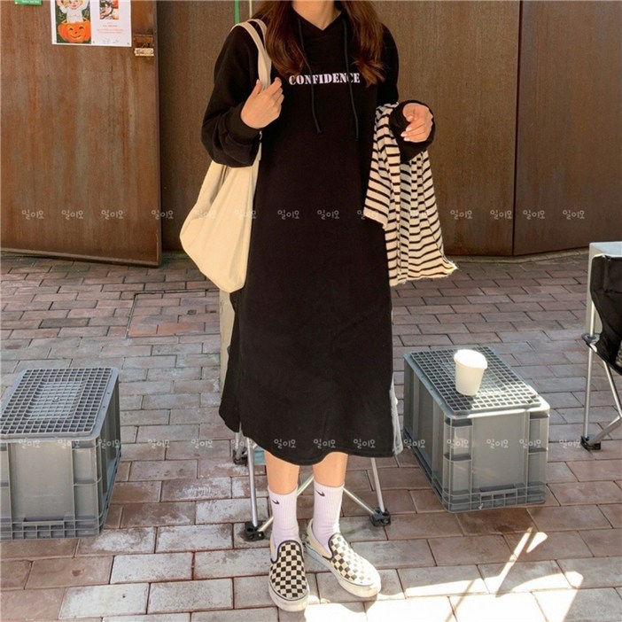 여성 심플 레터링 트임 기모 후드 롱원피스