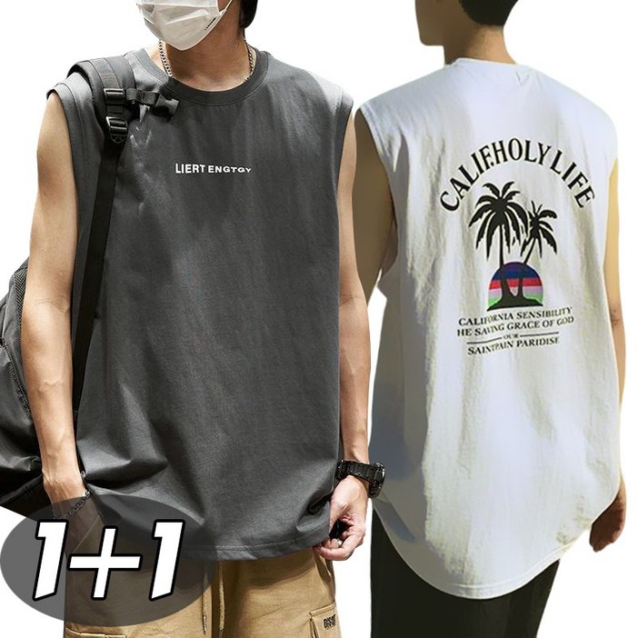 별하늘 11 남성 여름 스판 캐주얼 민소매 냉감 프린트 오버핏 라운드 티셔츠 2P