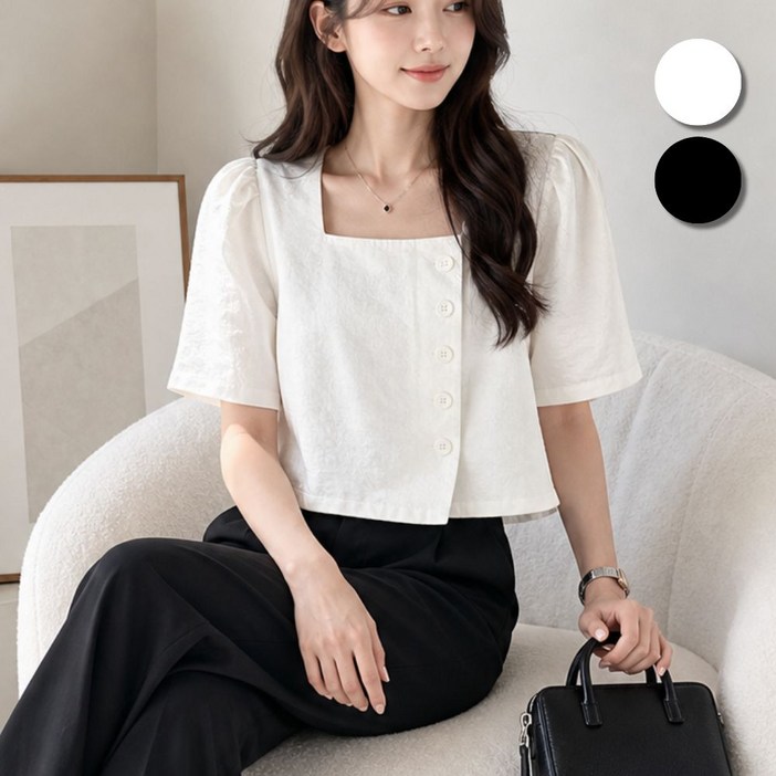 핏몬 여성 린넨 스퀘어넥 퍼프 사이드버튼 여름 반팔 크롭 블라우스
