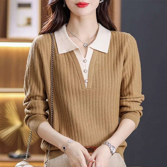 Gradle 이쁜 여성 페이크 투피스 카라넥 긴팔 니트티셔츠 봄가을 투인원 니트티 상의 스웨터 엄마옷