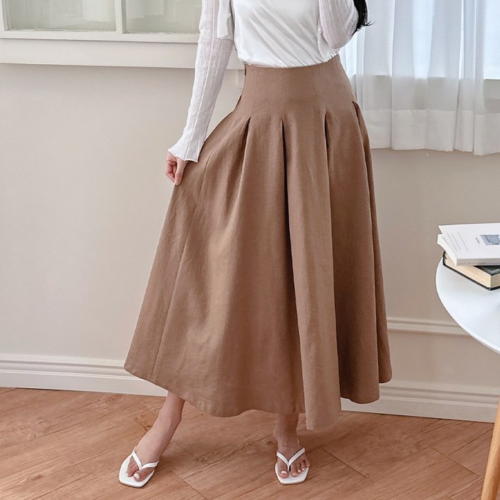 이푼아이 린넨 A라인 플레어 뒷밴딩 롱 스커트