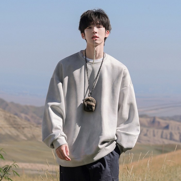 남성용 오버핏 스웨이드 맨투맨 스웨트셔츠