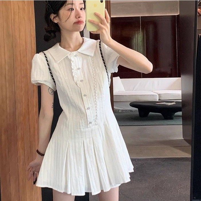 YUEEIYD 여름 귀여운 셔츠형 미니 원피스 반팔 슬림핏 주름 스커트 여성