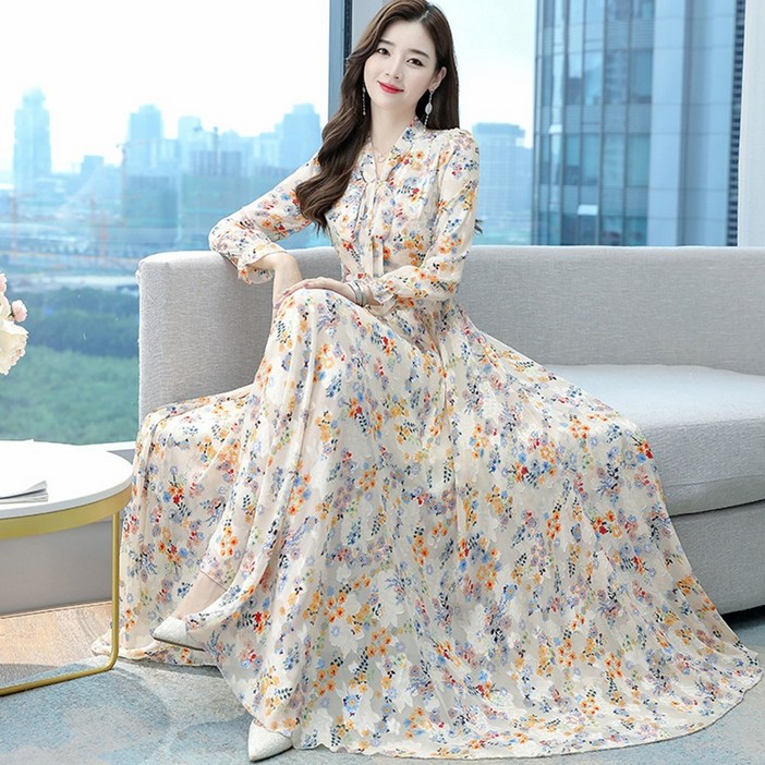 POMTOR 원피스 여성 브이넥 원피스 봄가을 슬림 무릎 상단 리본 롱스커트