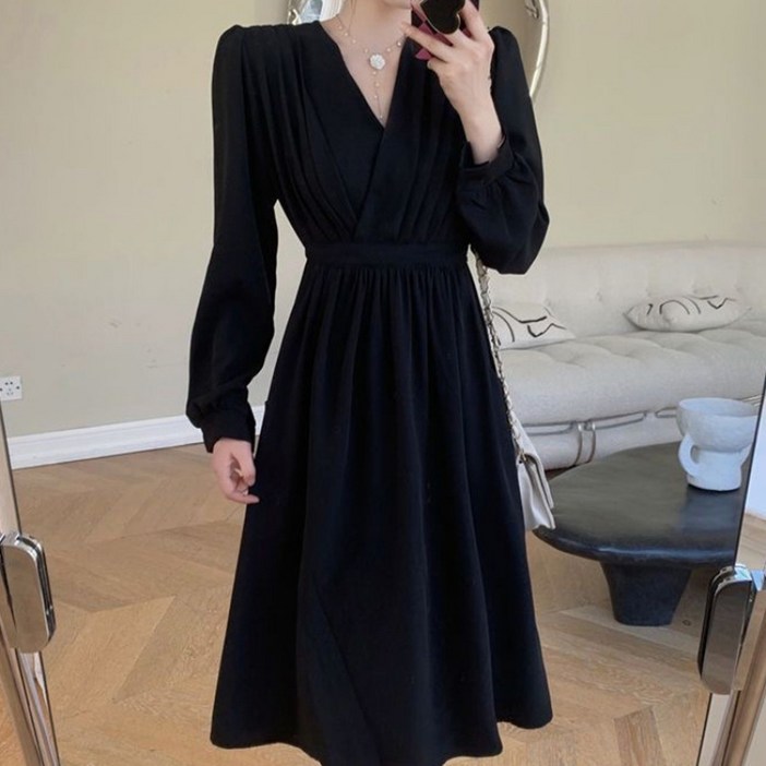 SAHINER 봄가을 여성 플리츠 브이넥 A라인 롱원피스 슬림핏 오피스룩 LWAQZ24