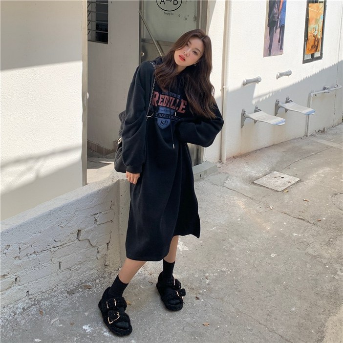 크레스티 캐주얼 레터링 후드 기모 롱 원피스 슬릿 부드러운 맨투맨 원피스
