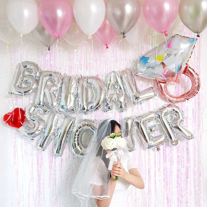 파티온 브라이덜샤워 파티커튼세트, 이니셜(로즈골드)+파티커튼(로즈골드)+반지풍선(골드)