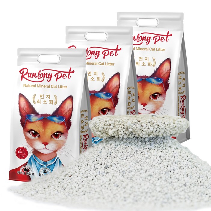 RUNLONG PET 벤토나이트 고양이 모래,오리지널 대용량 먼지없는 가는입자 캣 샌드, 30L, 6kg, 3개, 무향