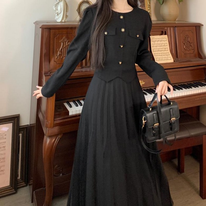 뉴욕멋쟁이 세즈 트위드 플리츠 롱원피스 (55~88사이즈까지)