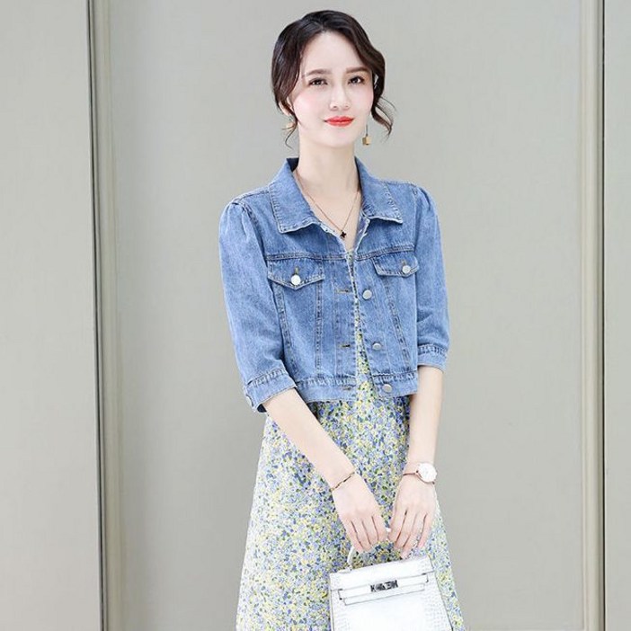 여성 7부 소매 데님 코트 캐주얼 봄 가을 청자켓 루즈핏 간절기 상의 아우터 기질 빈티지 칠부 크롭 데님 재킷 CY