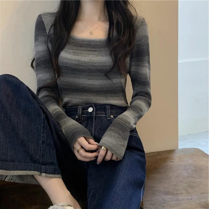 그라데이션니트 스퀘어넥 스트라이프 여리핏 얇은 배색 패턴 줄무늬 골지 핑크니트 TVC033