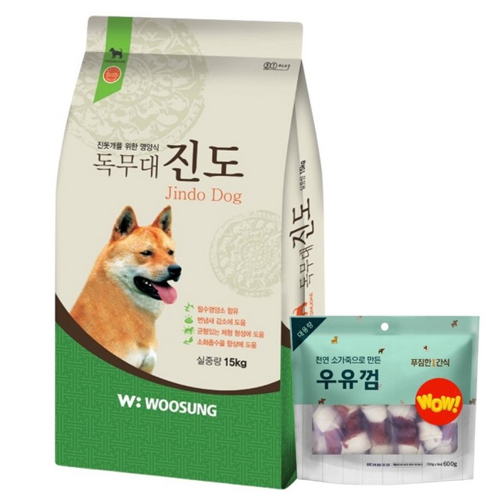 우성 독무대 진도 애견사료 15Kg+푸짐한간식 우유껌 600g