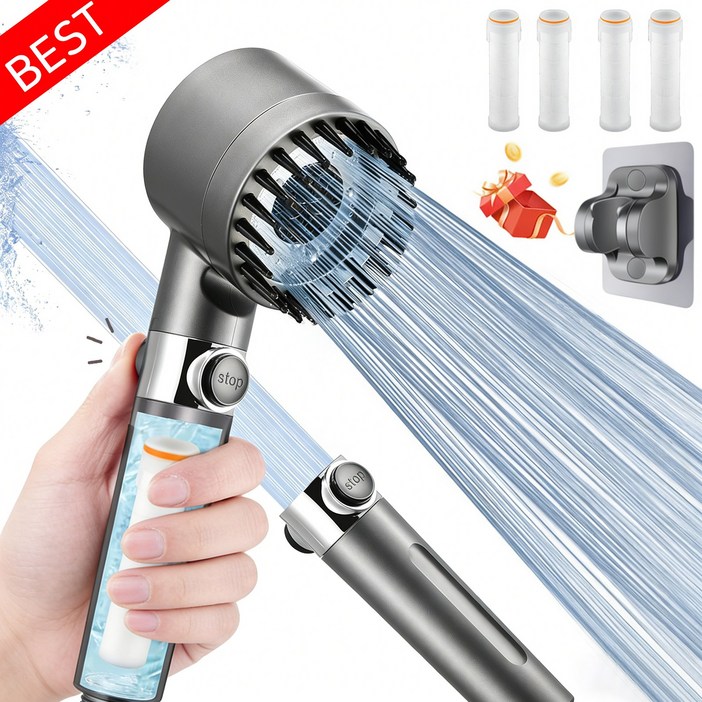 VELNIO 고압 필터 마사지 샤워헤드 원버튼 절수 설계 3모드 풍부한 수량 욕실용