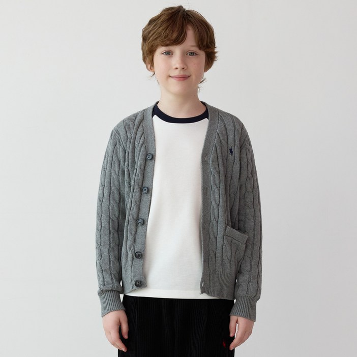 라파클럽 아동 주니어 브이넥 케이블 니트 가디건 스웨터 면100