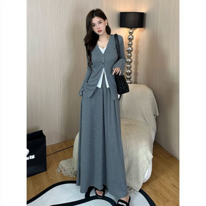 COSYEVNO 여성 투피스 가을 니트 빅사이즈 브이넥 심플 모던 캐주얼 루즈핏 세미버튼 상의+스커트 투피스 CXJyf-24