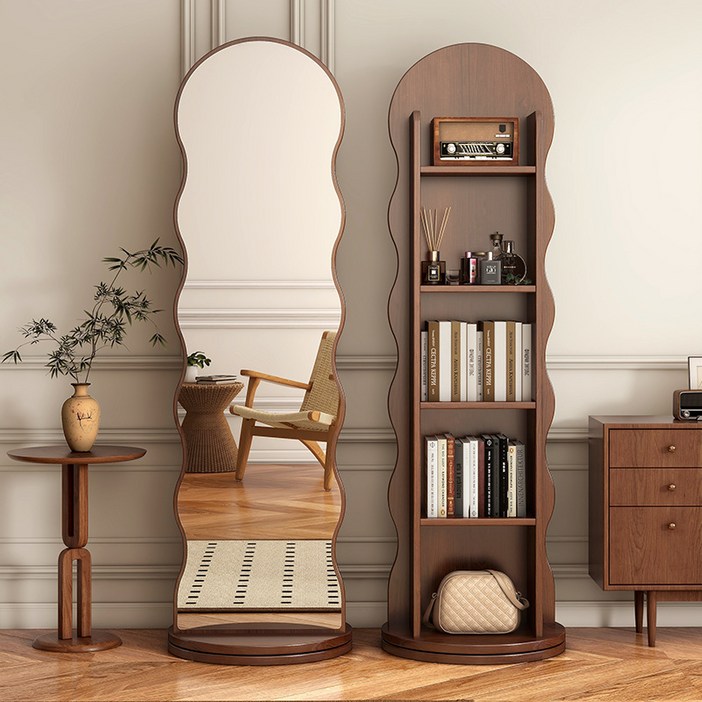 데스텀 인테리어 회전 전신거울 5단 책장, 우드