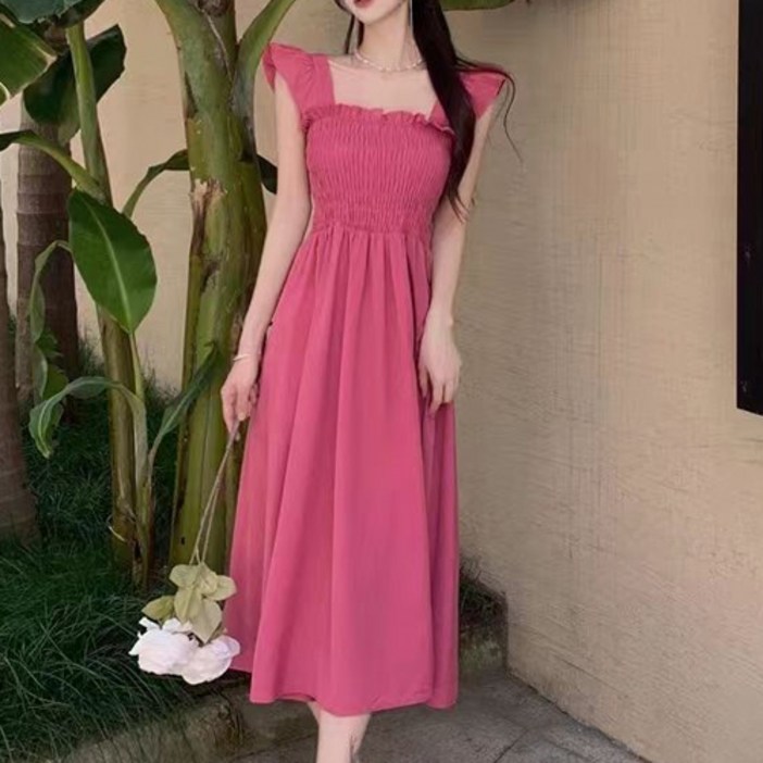 노이디제이 EYE1111 숄더 날개 프릴 스모크 밴딩  롱 원피스