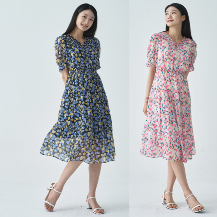 [지센창원]여성 쉬폰 프린트 스모킹 플레어 원피스 2색 LCOPO530