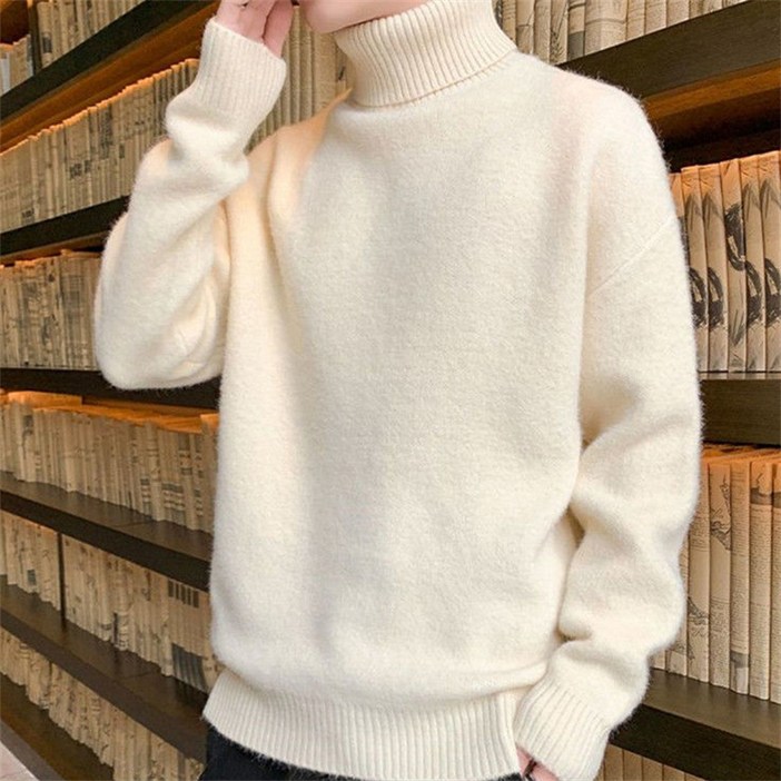 AOKADA 남성 가을 겨울 오버핏 목폴라 기모 니트 스웨터 목티